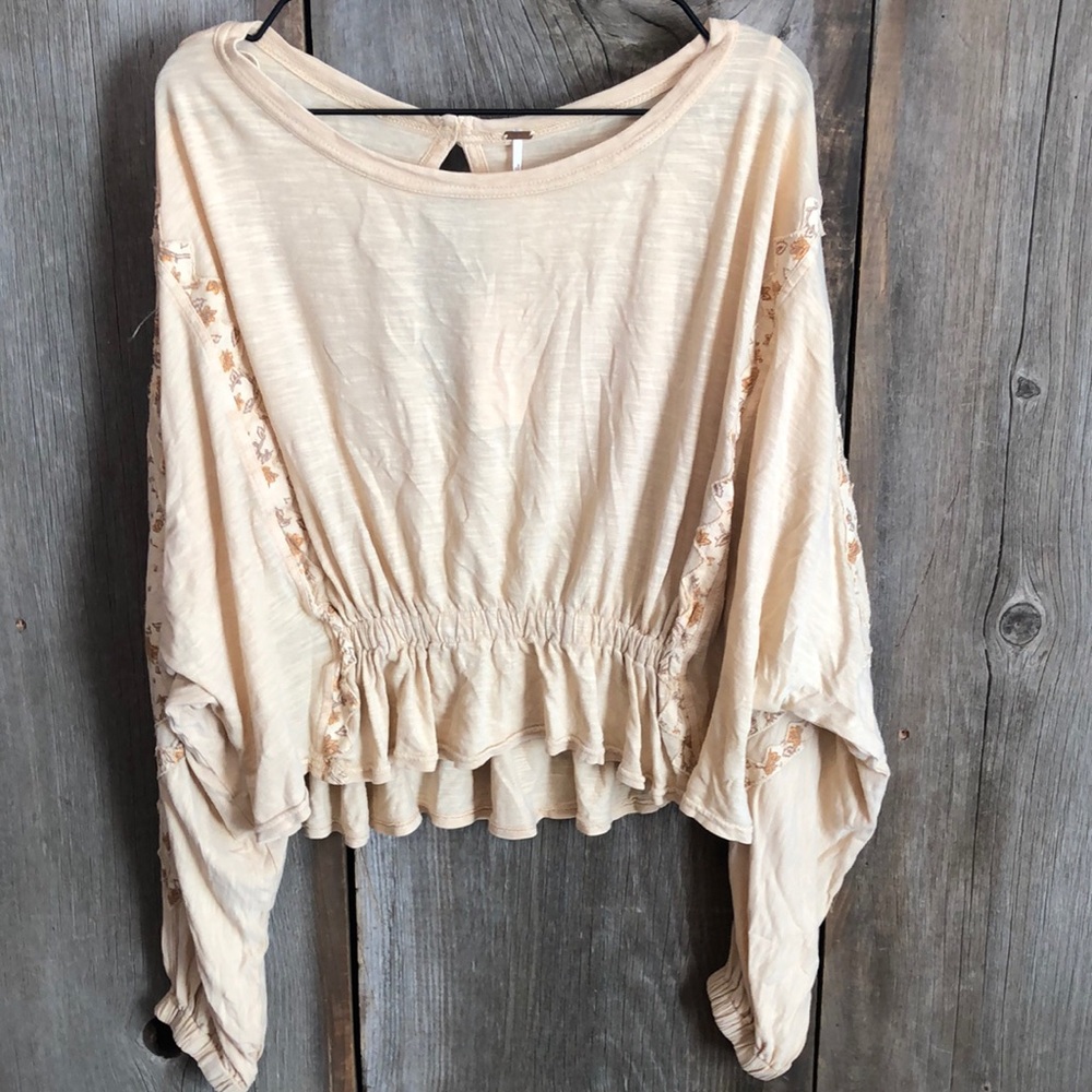Free People Throwback Embroidered Volume Sleeve Top in Sand Combo Size Medium